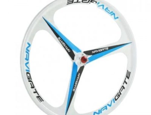 Blue and white three-spoke bicycle wheel